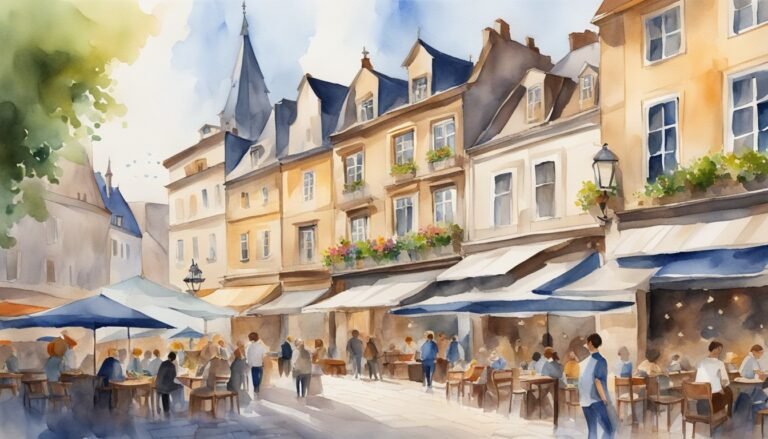 Watercolor of bustling European street cafe scene.