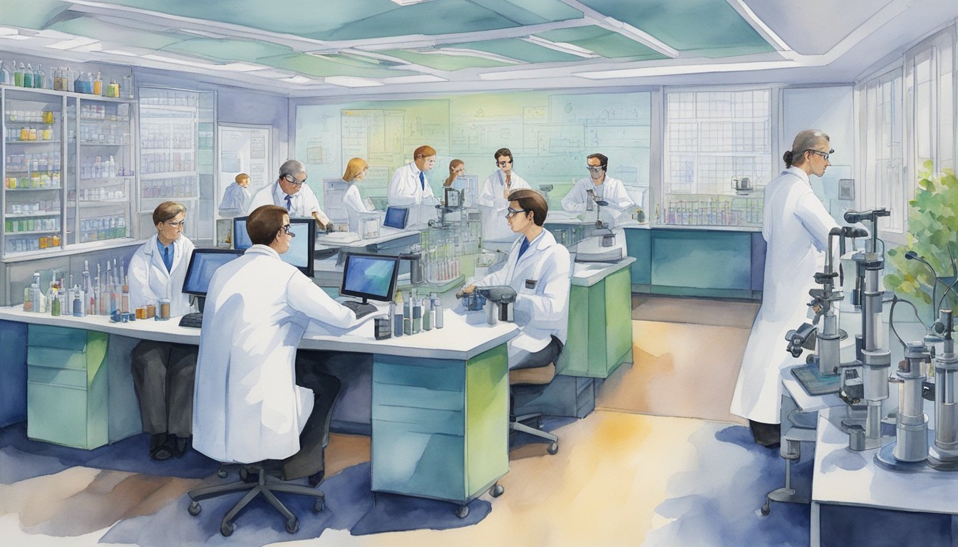 Diverse scientists working in a busy laboratory setting.