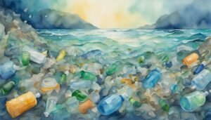 Watercolor painting of ocean pollution with plastic bottles.