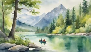 Watercolor painting of canoeing in a mountainous lake scene.