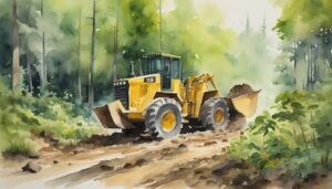 Yellow bulldozer working in misty forest scene.