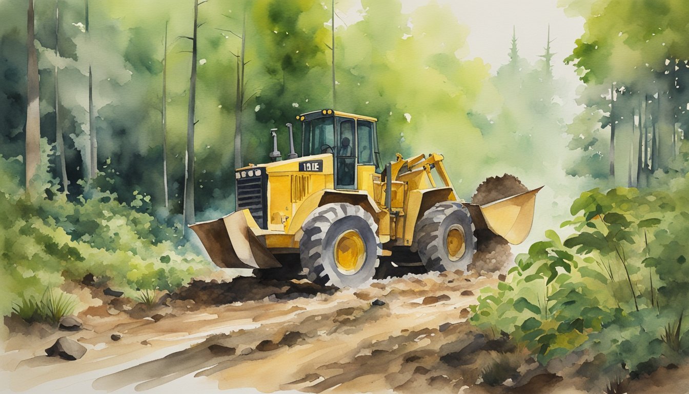 Yellow bulldozer working in misty forest scene.