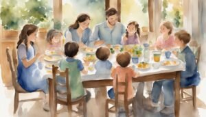 Family enjoying meal together at sunny dining table.