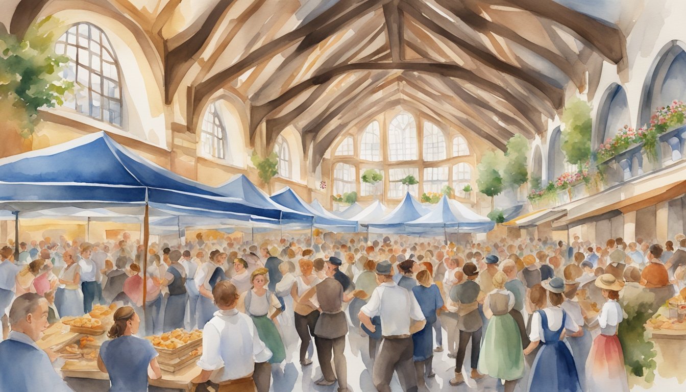 Watercolor of bustling indoor market with vibrant stalls.