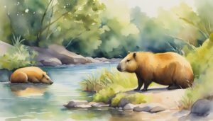 Watercolor capybaras by serene forest stream