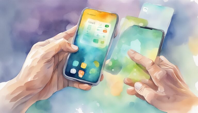 Hands holding smartphones with colorful app screens.