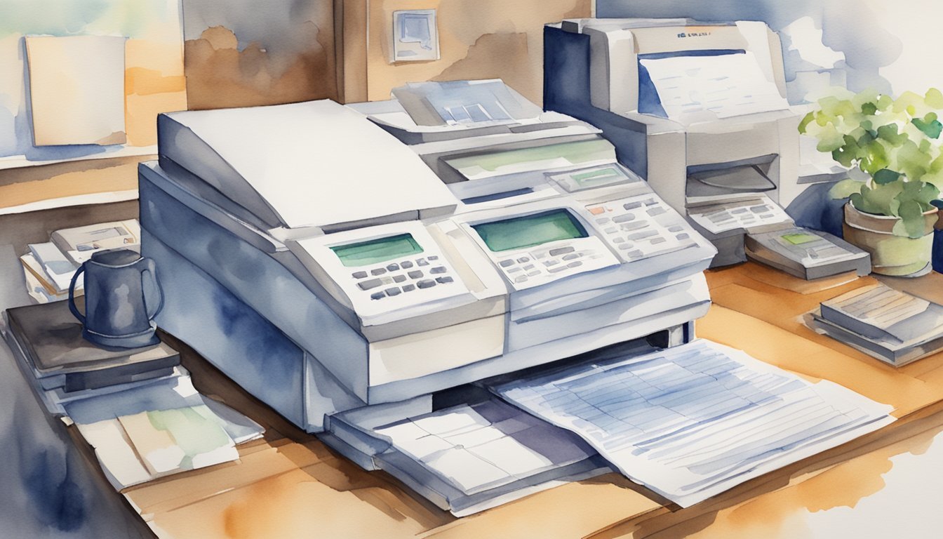 Watercolor painting of office printers and papers.