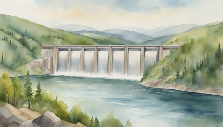 Watercolor of a dam with cascading water in a forest.