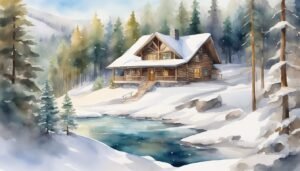 Snow-covered log cabin in serene forested winter landscape.