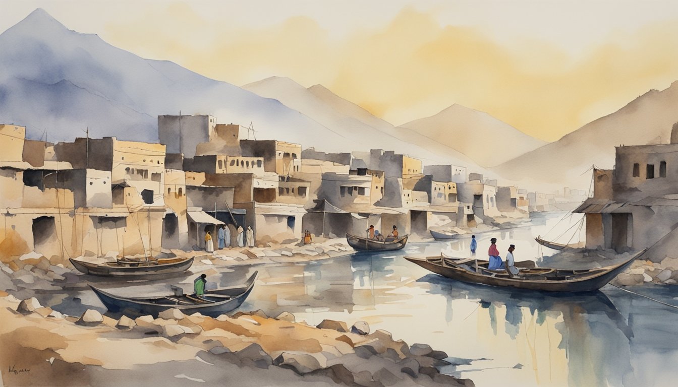 Watercolor painting of coastal village with boats and mountains.