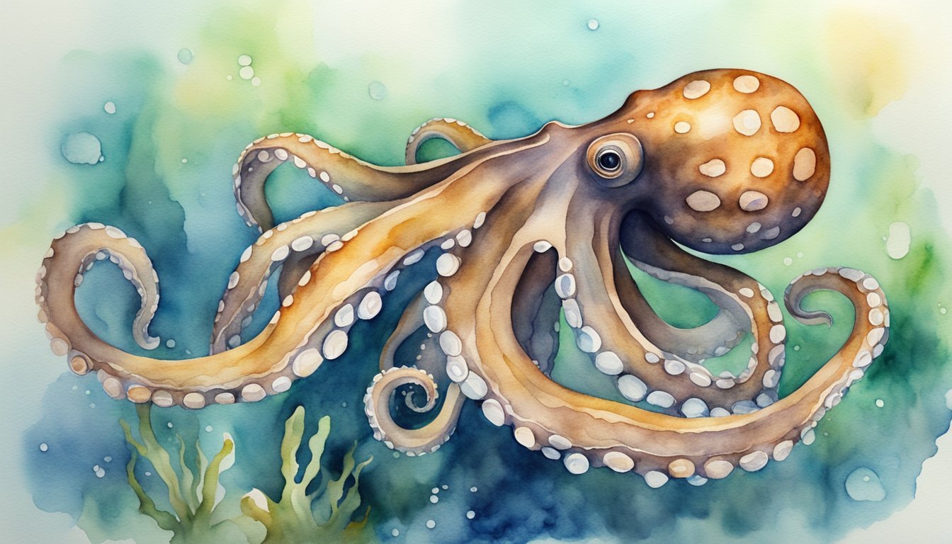 Colorful watercolor octopus in underwater scene.