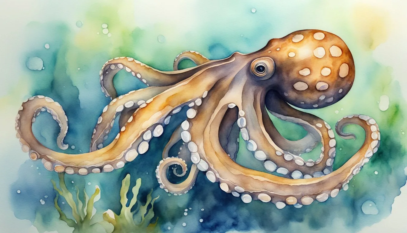 Colorful watercolor octopus in underwater scene.