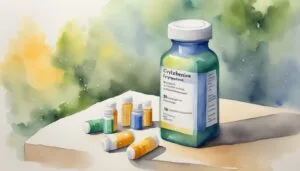 Watercolor painting of various medication bottles on table.