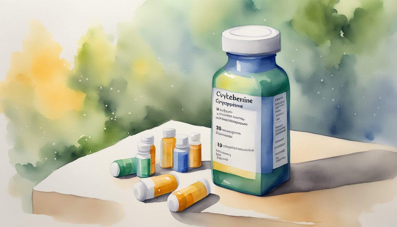 Watercolor painting of various medication bottles on table.