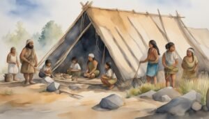 Indigenous people at traditional campsite with tent and activities.