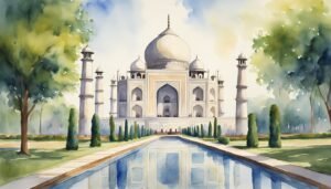 Watercolor painting of Taj Mahal with reflective waterway.