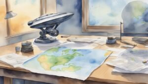 Watercolor of desk with maps and vintage globe.