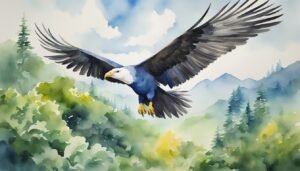 Watercolor painting of flying eagle over forested mountains.