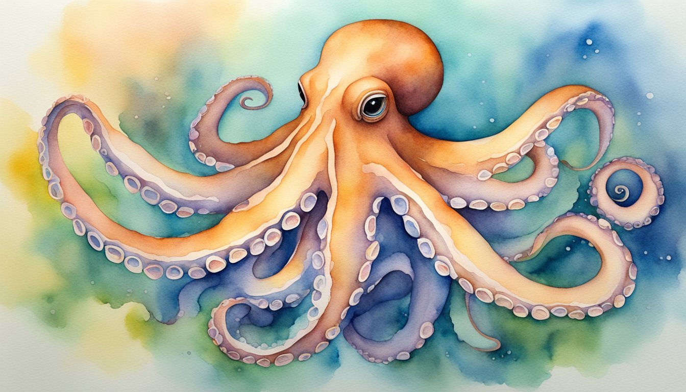 Colorful watercolor painting of an octopus.