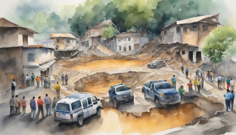 Watercolor depicting people observing a large sinkhole in town.