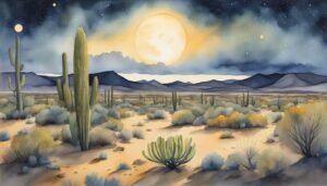 Watercolor painting of desert landscape at night with full moon.