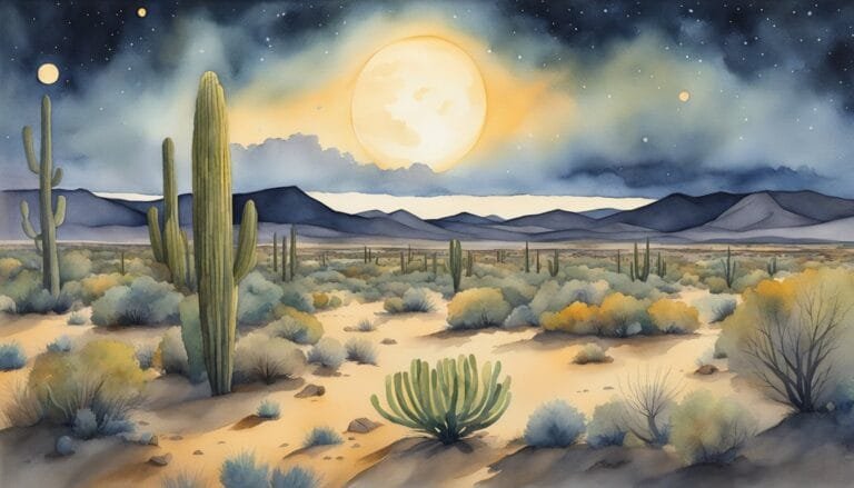 Watercolor painting of desert landscape at night with full moon.