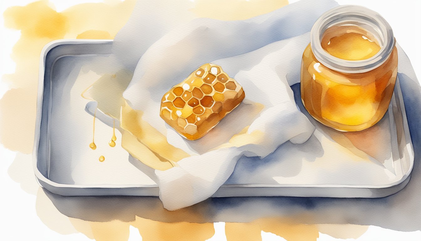 Watercolor of honey jar and comb on tray.