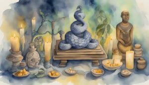 Mystical watercolor of snake, candles, and Buddha statue.