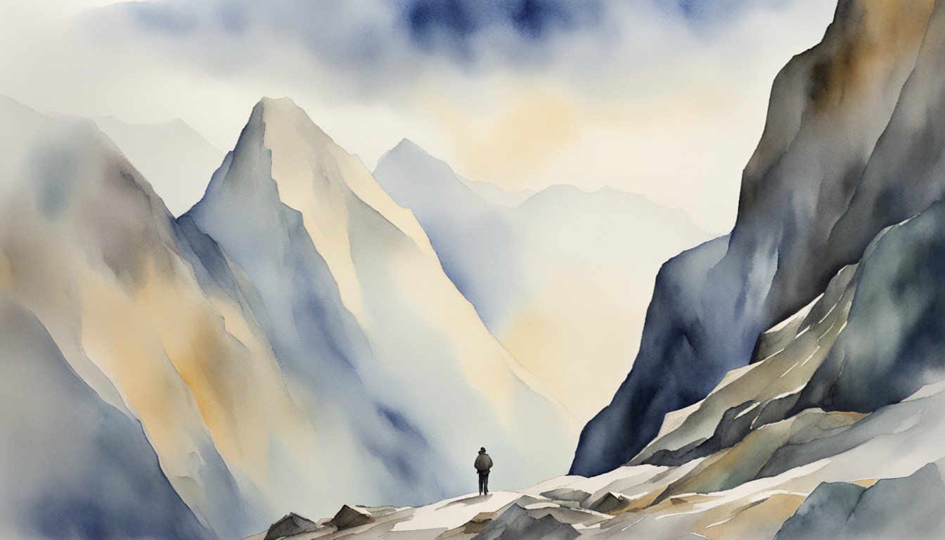 Person viewing misty mountain peaks in watercolor painting.