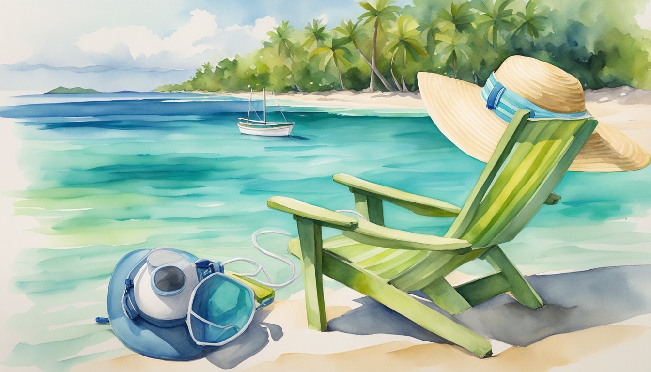 Tropical beach with chair, hat, and snorkeling gear.