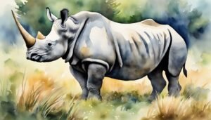 Watercolor illustration of a rhinoceros in a grassy field.