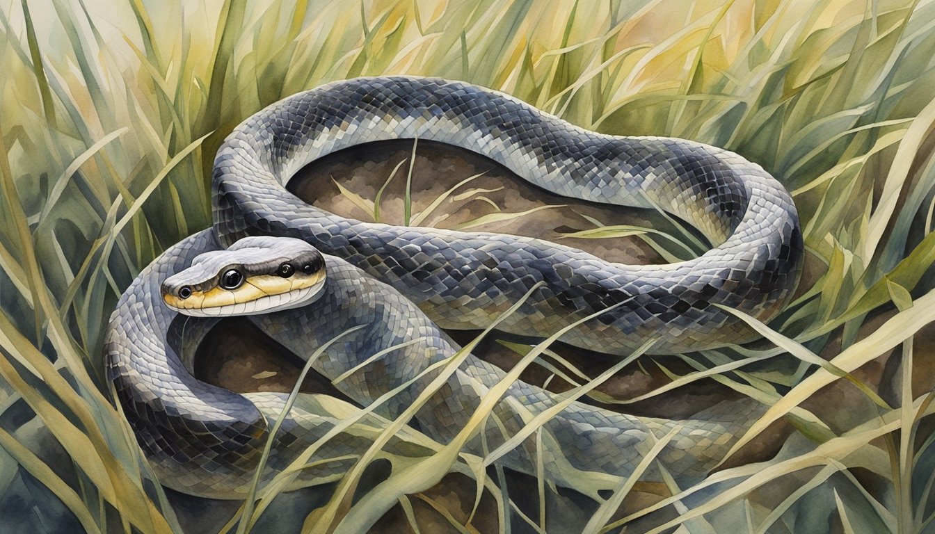 Watercolor painting of a snake in tall grass