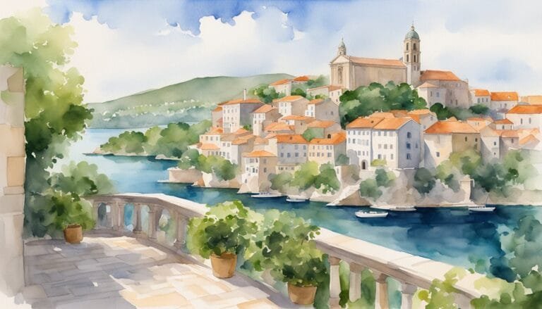 Watercolor coastal town view from terrace with boats.