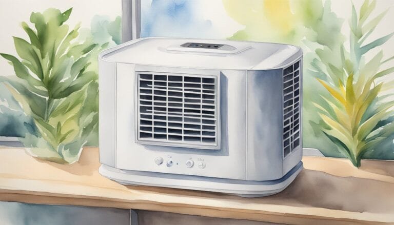 Portable air conditioner on windowsill with plants.