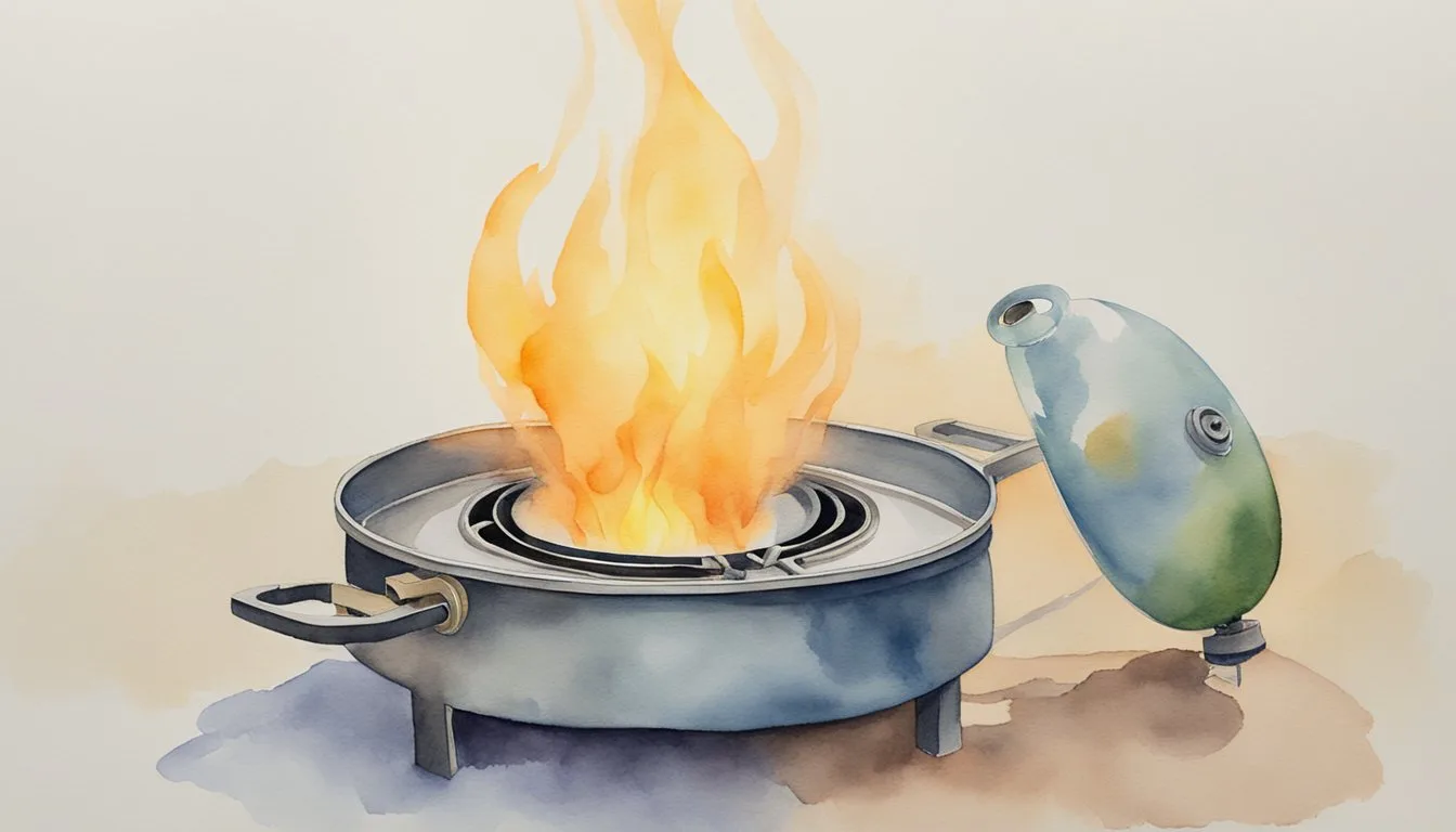 Watercolor painting of flame in outdoor stove with propane tank.