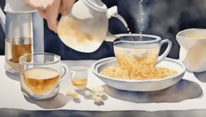 Person pouring tea, sugar cubes, cups, and pot on table.