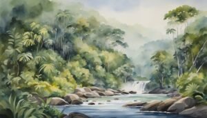 Watercolor painting of lush jungle with river and waterfall.