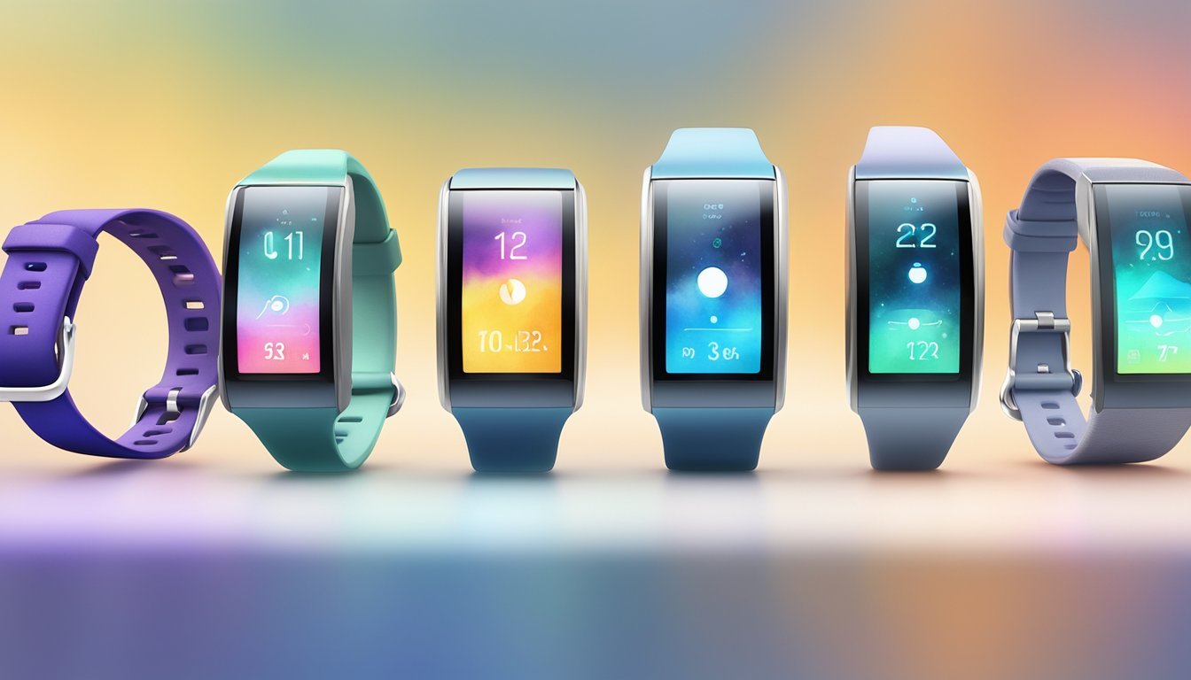 Colorful smartwatches displaying various features on screens.