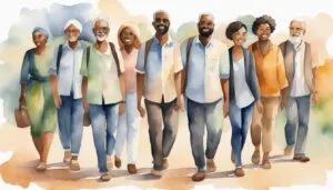 Diverse group of smiling elderly friends walking together.