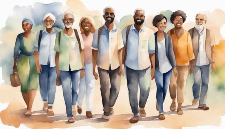 Diverse group of smiling elderly friends walking together.