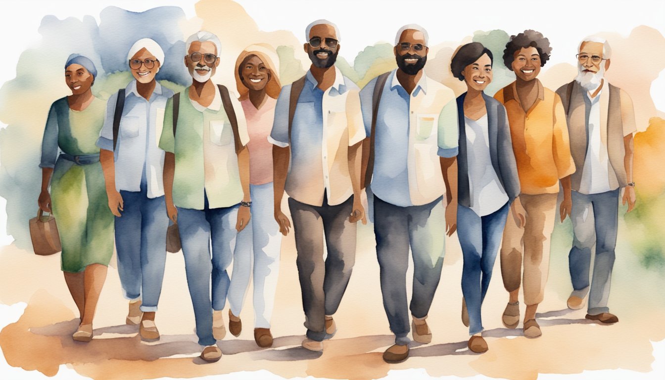 Diverse group of smiling elderly friends walking together.