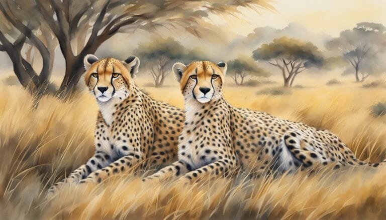 Two cheetahs resting in savannah scenery.