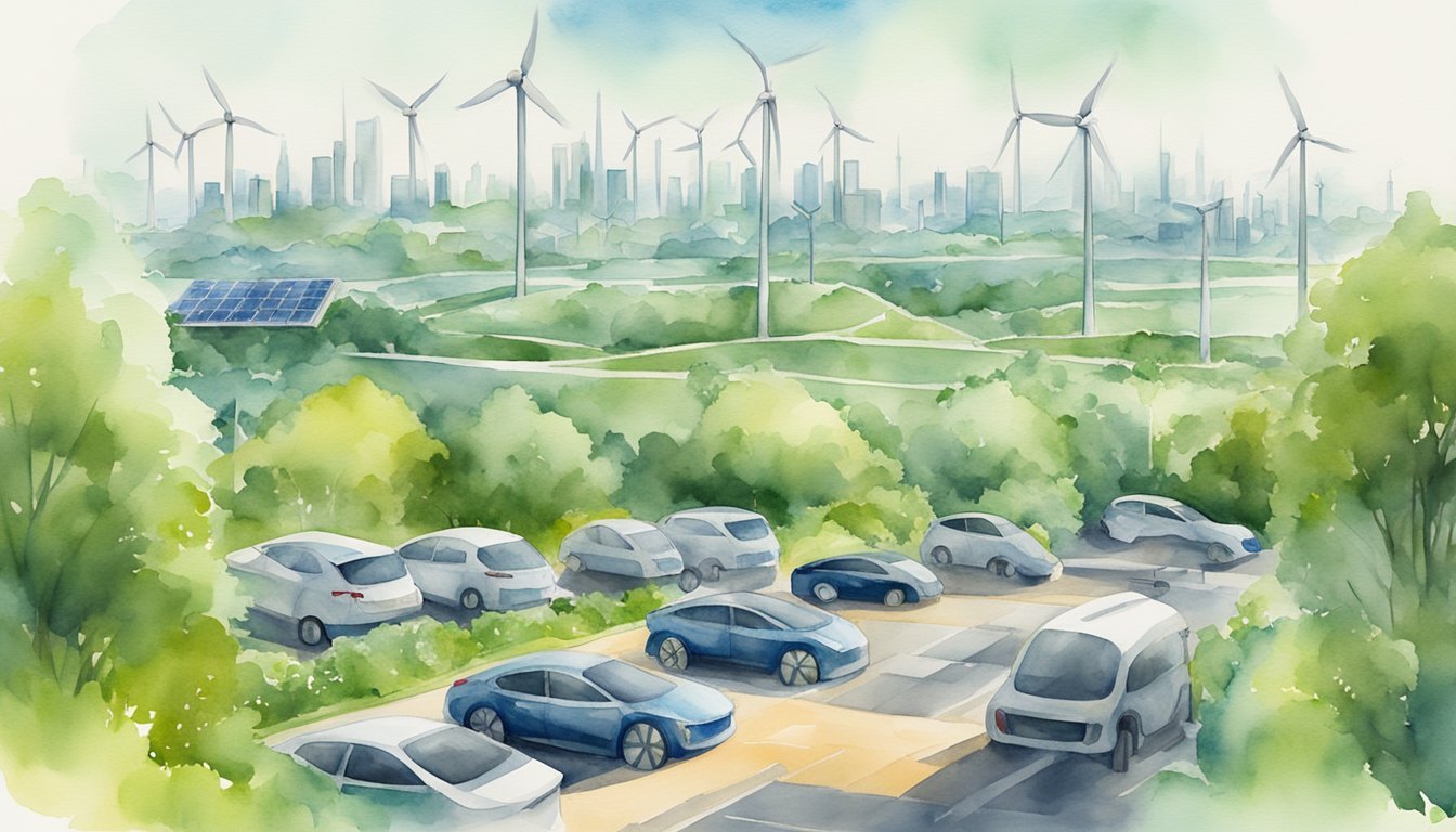 Watercolor of eco-friendly cityscape with wind turbines and solar panels.