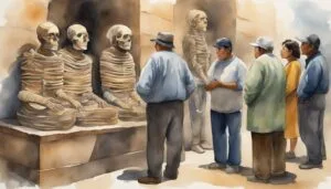 Visitors observing mummified skeletons in museum exhibit.