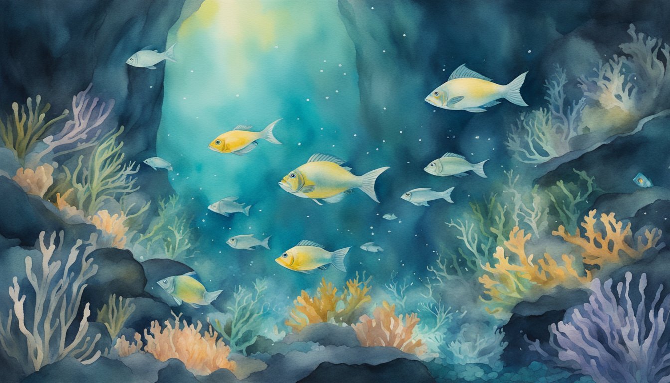 Watercolor illustration of tropical fish in a coral reef.