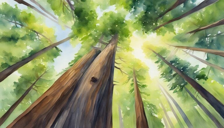 Watercolor painting of towering trees in lush forest.