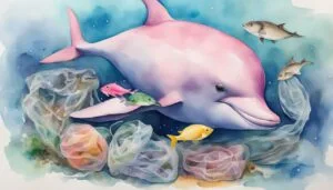 Colorful watercolor of dolphin with fish and plastic pollution.