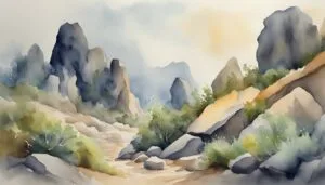 Watercolor painting of a serene mountainous landscape.