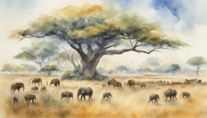 Watercolor painting of elephants grazing under large tree.