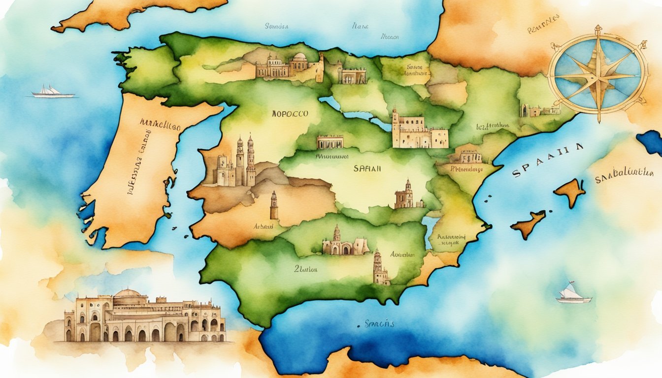 Watercolor map of Iberian Peninsula with landmarks and compass.